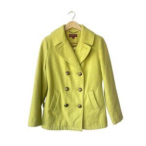 Merona Womens Coat Jacket Size S Wool Pea Green Yellow Double Breasted Short Mid